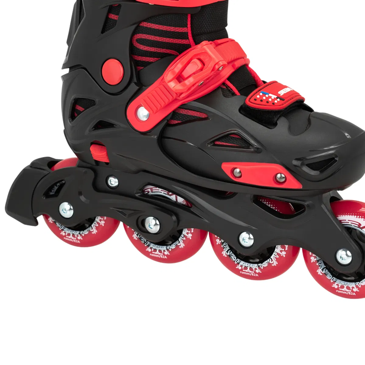 A close-up of Seba STJ Junior Adjustable Inline Skates in black and red, featuring four red wheels, a black frame, and red adjustable straps—ideal beginner rollerblades for kids from the Seba brand.