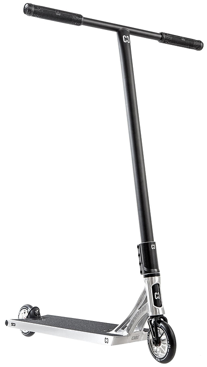 The CORE ST3 Complete Stunt Scooter - Polished by CORE features a wide handlebar, black grips, small black wheels, and a metal deck with pro-grade components. The black and silver scooter stands upright against a white background.