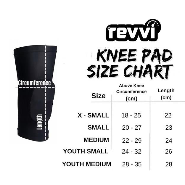 Revvi Kids Knee MTB Protection Pads - Black size chart (XS to Youth Medium): above knee circumference 18–35 cm, length 22–28 cm. Diagram shows how to measure for a comfortable fit and impact protection. Brand: Revvi.