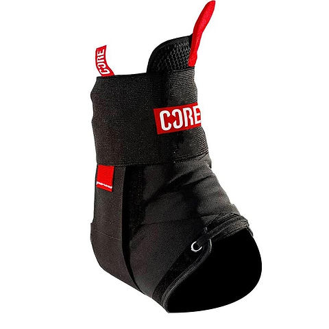 The CORE Ankle Protection Brace - Black by CORE showcases a sleek black and red design, complete with adjustable straps and a Velcro pull tab. Its angular build provides optimal ankle support and protection during skateboarding activities.