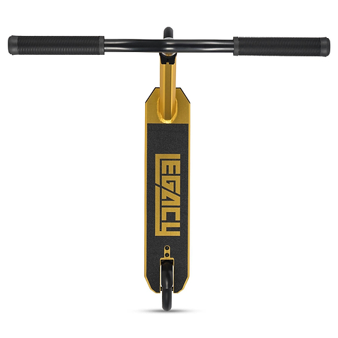 Top-down view of the Legacy Ventus Complete Stunt Scooter in gold and black, featuring wide handlebars for skatepark tricks and a deck boldly printed with "LEGACY.