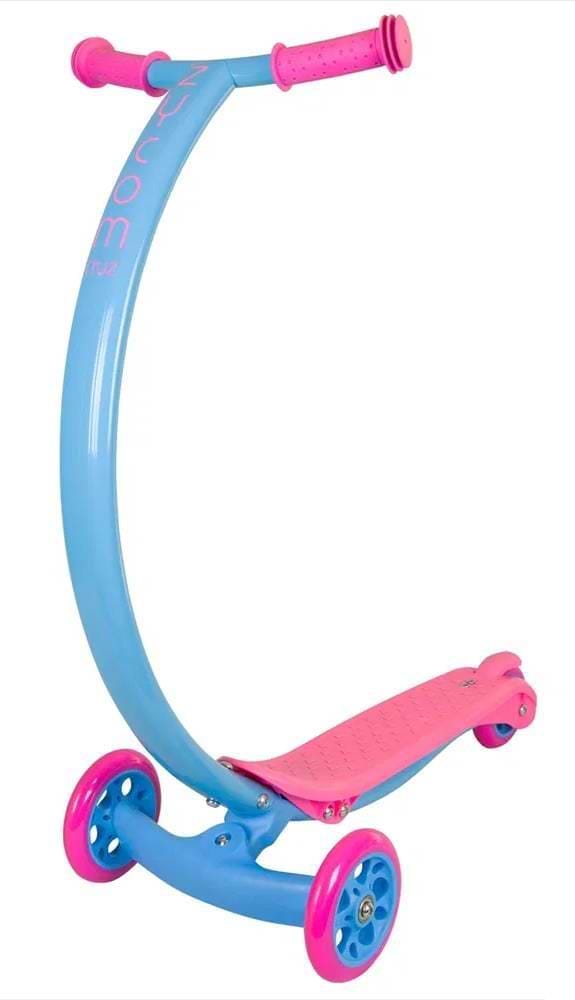 The Zycom C100 Mini Cruz Complete Scooter by Zycom features a curved blue frame, pink handlebars and footboard, plus four blue wheels. Lightweight and easy to carry, it's perfect for kids and shown on a white background.