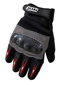 The Revvi Long Finger Tech Kids Bike Knuckle Protection Gloves in black feature padded GO-SHOCK palms, hard knuckle guards, and red finger accents. Ideal for young riders or outdoor activities; a great fit for smaller hands.