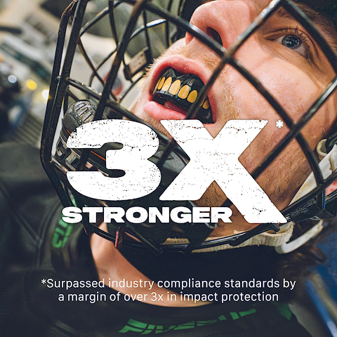 Close-up of a hockey player wearing the Safejawz Extro Series Protection Mouthguard - Goldie and helmet, with bold "3X STRONGER" text and a claim of 3x greater impact protection than industry standards by Safejawz.
