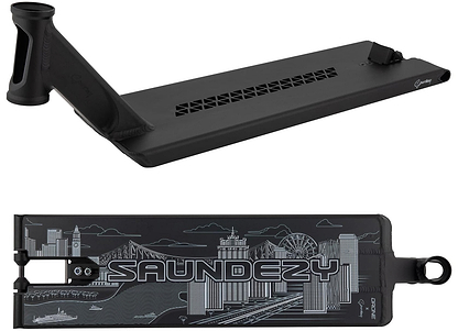 The Drone Nexus 'Saundezy' Black Signature Stunt Scooter Deck, 6.5" x 22"/23", features a gripped top and a cityscape design with "SAUNDEZY," displaying buildings, a Ferris wheel, and mountains on the bottom. It includes grindable spacers for smooth tricks.
