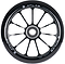 A close-up of the Ethic DTC Atlas 110mm Stunt Scooter Wheel in black, showing its twelve-spoke design, central bearing, and white specs on the rim. This lightweight performance wheel is made by Ethic.