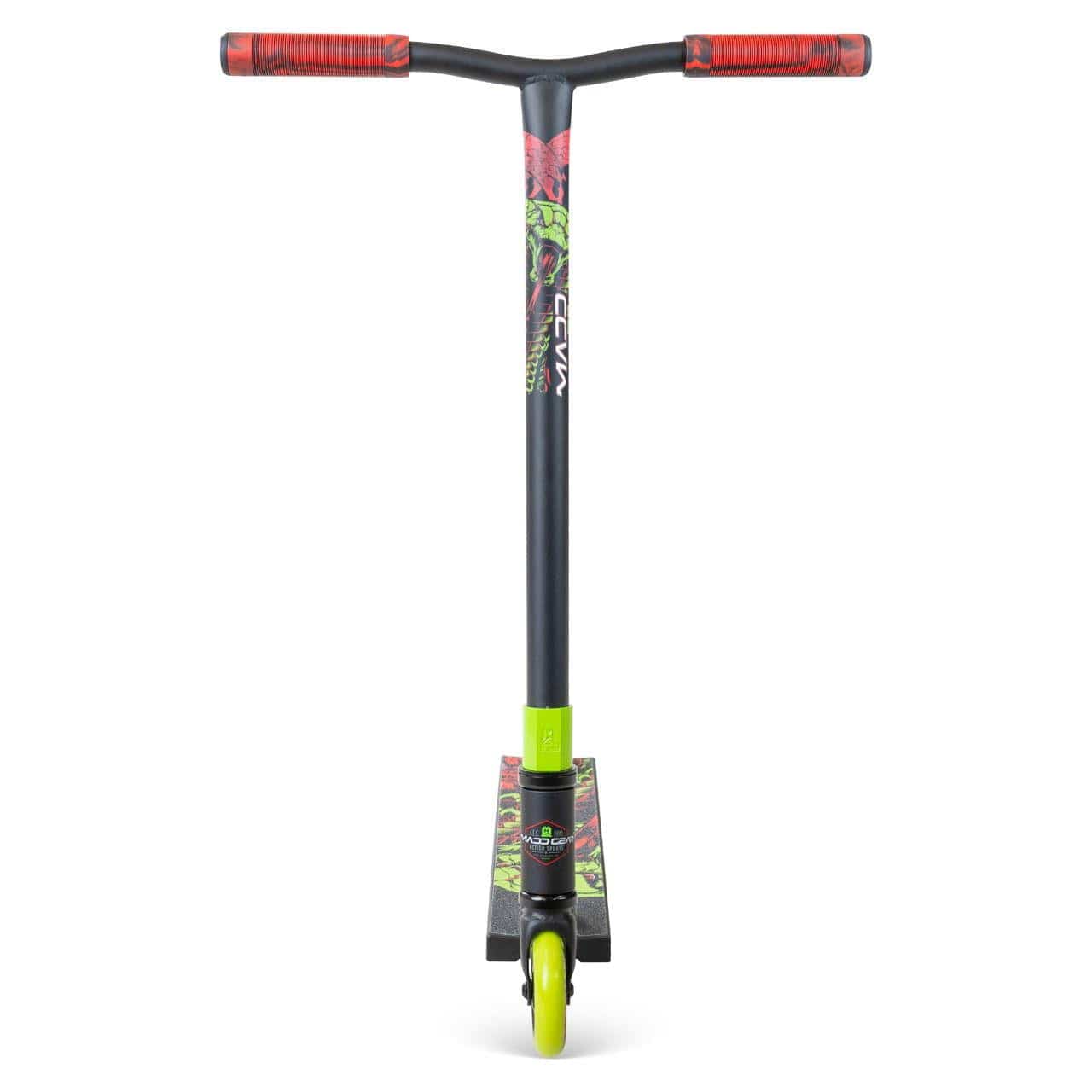 The Madd Gear MG 2 Obsidian Complete Stunt Scooter - Venom features a black and green design, red handle grips, graphic deck, bright green front wheel, and high-speed ABEC-5 chrome bearings. Brand: Madd Gear (MGP). Shown from the front on white background.
