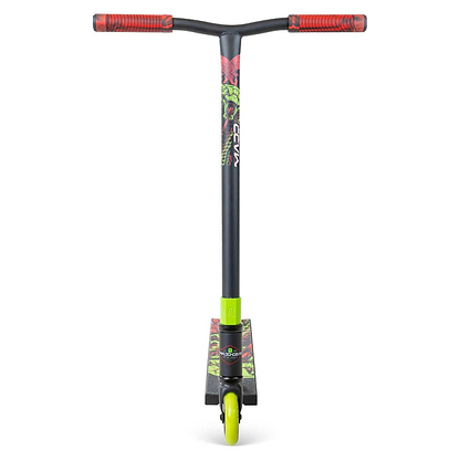 The Madd Gear MG 2 Obsidian Complete Stunt Scooter - Venom features a black and green design, red handle grips, graphic deck, bright green front wheel, and high-speed ABEC-5 chrome bearings. Brand: Madd Gear (MGP). Shown from the front on white background.