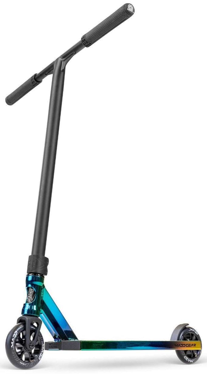The Madd Gear MG 6 Kinetic Complete Stunt Scooter by MGP features a black handlebar, neochrome blue and gold aluminium deck, two small black wheels, and high-speed bearings for smooth stunt riding.