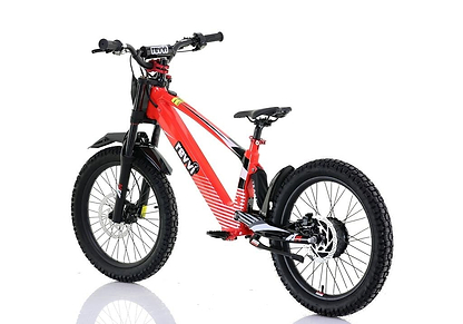 The Revvi 20" Kids Electric Balance Bike - Red showcases a sleek design with black thick tires, off-road air-filled tyres, a front suspension fork, a rear disc brake, and an electric motor setup, all set against a white background to highlight its adventurous spirit.