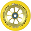 The River Naturals Rapid Pro 110mm Stunt Scooter Wheel in Sunrise Yellow is a high-performance wheel that features the text "River," "110 mm," "USA Made," and "Performance Urethane" along with Buff Core Technology. The inner blue core displays the words "Rapid Pro Scooter Wheels" and "Splash Floods.