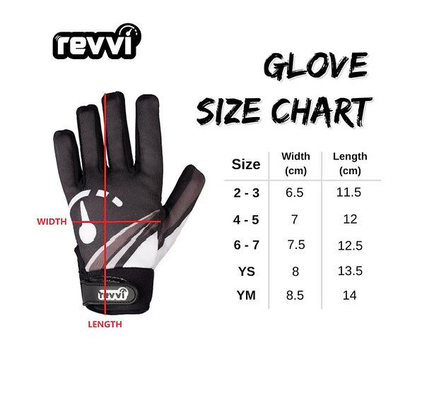 The Revvi Long Finger Tech Kids Bike Knuckle Protection Gloves - Black feature a size chart for 2-3 to YM (width: 6.5–8.5 cm, length: 11.5–14.5 cm) and padded GO-SHOCK palm—ideal protection for smaller hands.