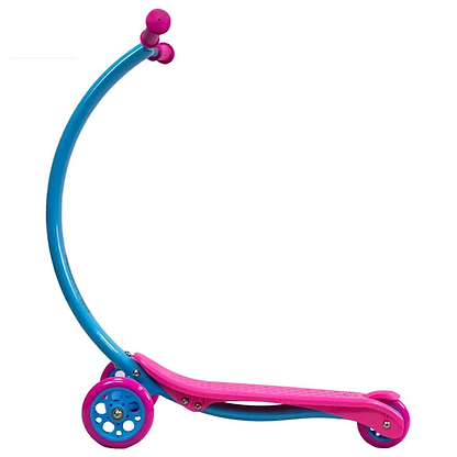 The Zycom C100 Mini Cruz Complete Scooter by Zycom features a pink deck, blue wheels, and a tall curved blue handlebar with pink grips, shown against a white background.