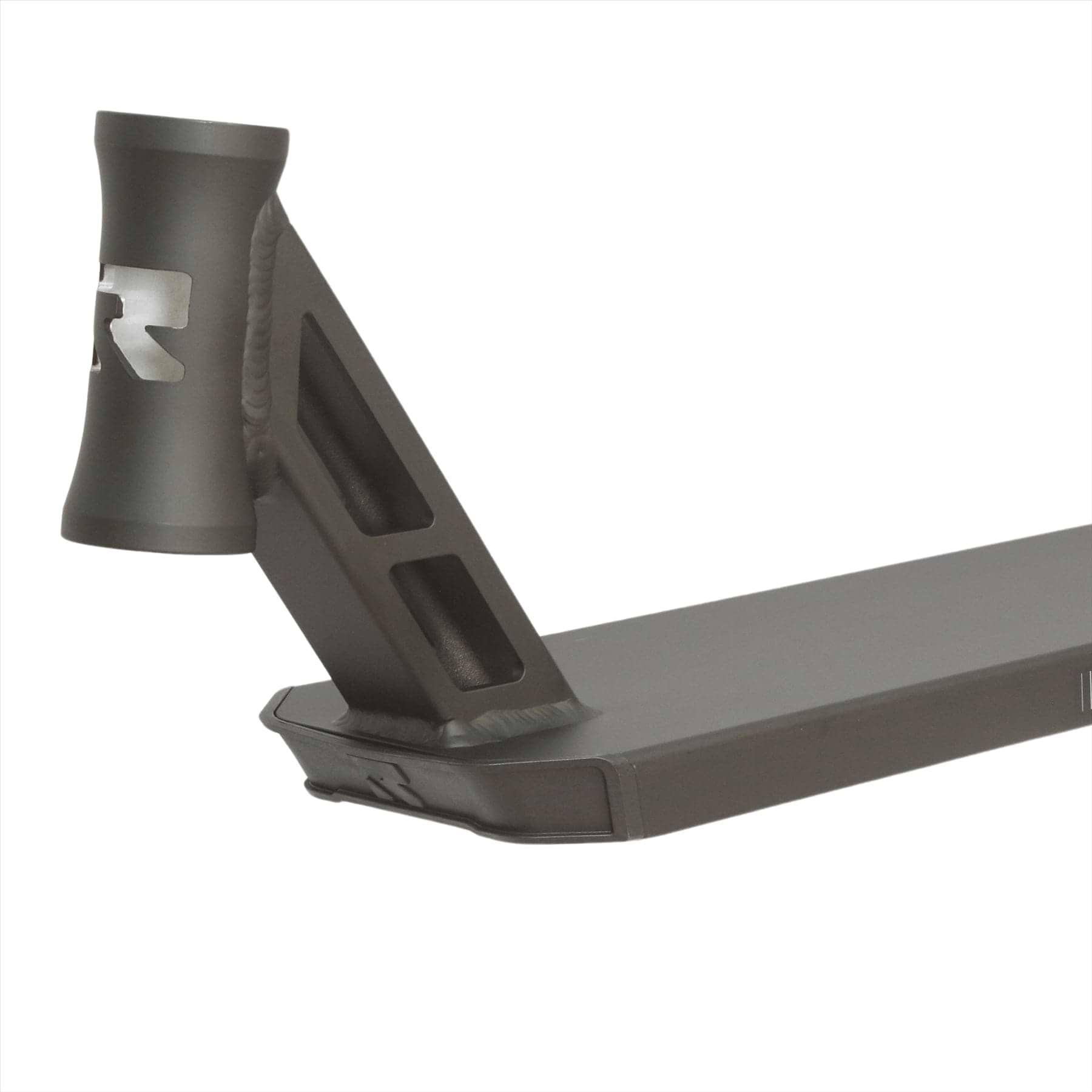 Close-up of a Root Industries Type R GT Black Stunt Scooter Deck, showcasing its angular neck and cut-out design. It offers lightweight performance with a sleek, minimalist style, highlighted by a matte black finish and a subtle logo on the neck. The deck extends horizontally, appearing robust and sturdy.