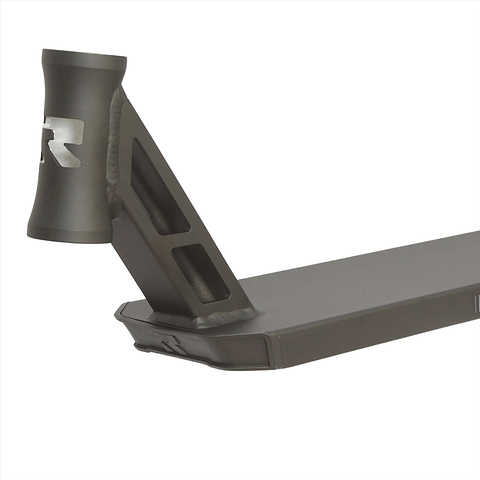 Close-up of a Root Industries Type R GT Black Stunt Scooter Deck, showcasing its angular neck and cut-out design. It offers lightweight performance with a sleek, minimalist style, highlighted by a matte black finish and a subtle logo on the neck. The deck extends horizontally, appearing robust and sturdy.