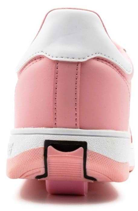 Rear view of Breezy Rollers Classic Shoes - Pink / White, showing the brand's patented retractable wheel system with a roller skate wheel partly visible under the heel.