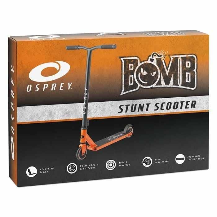 Box for the Osprey Bomb Complete Stunt Scooter - Orange by Osprey, showing the scooter, logo, and features like an aluminum frame, ABEC 9 bearings, and reinforced T-bar grips—perfect for beginner riders.