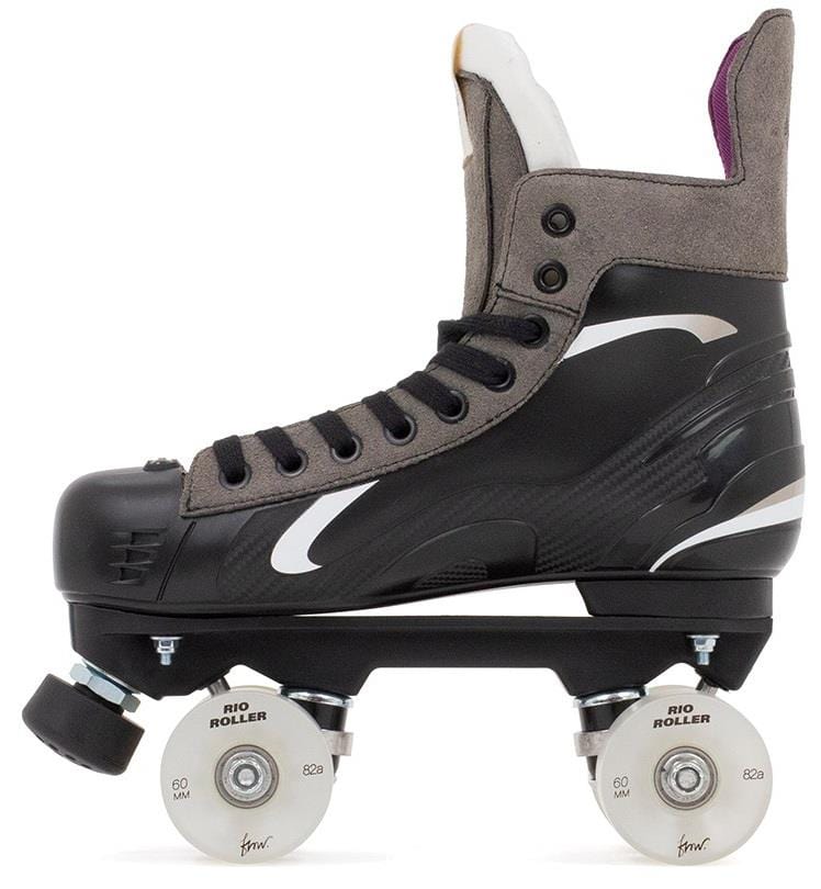The Rio Roller Flow Hockey Quad Roller Skates in black feature a sleek, aerodynamic design with gray and white accents, sustainable elements, and a high-top boot style for optimal ankle support. They also include white laces and wheels.