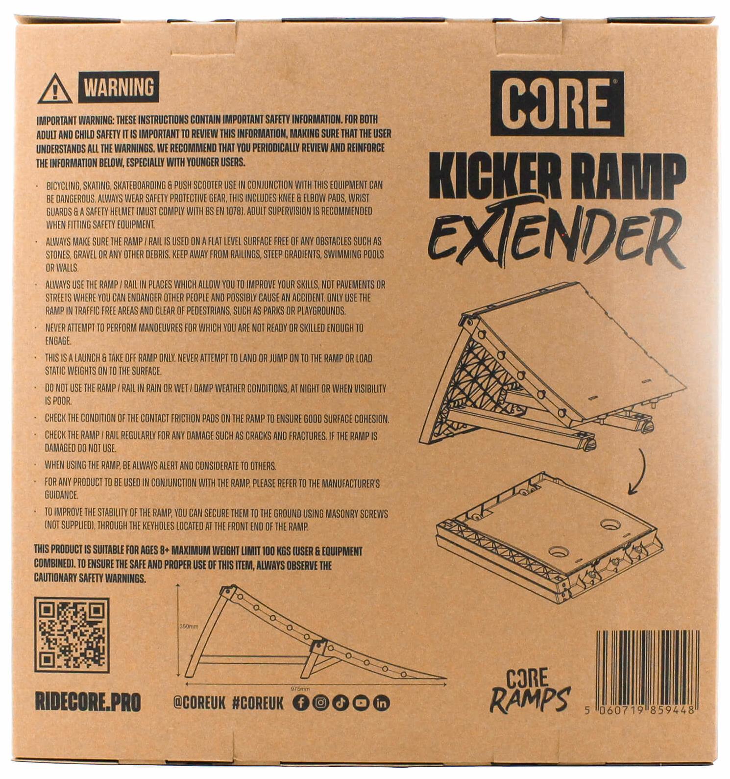 A brown cardboard box labeled "CORE XL Kicker Ramp Extender" by CORE displays assembly instructions, warnings, diagrams of extender parts, ramp height extension info, and social media icons at the bottom.