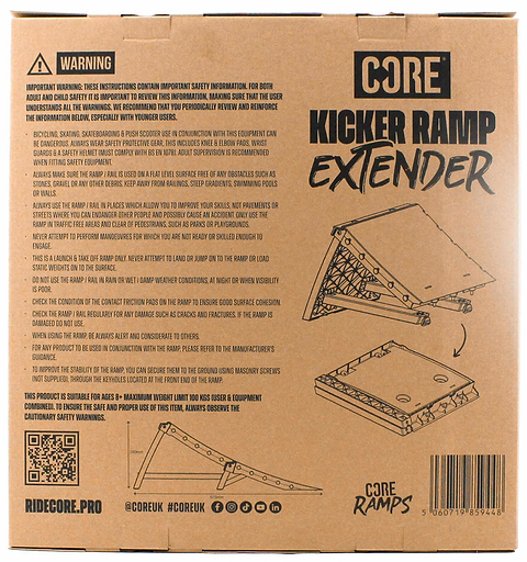 A brown cardboard box labeled "CORE XL Kicker Ramp Extender" by CORE displays assembly instructions, warnings, diagrams of extender parts, ramp height extension info, and social media icons at the bottom.