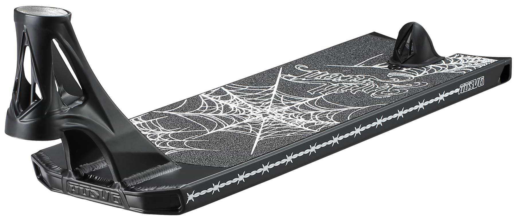 The Blunt Envy AOS V6 Will Scott Signature Stunt Scooter Deck (6.5" x 23") in black features white spiderweb graphics and barbed wire patterns on the sides, shown on a white background.