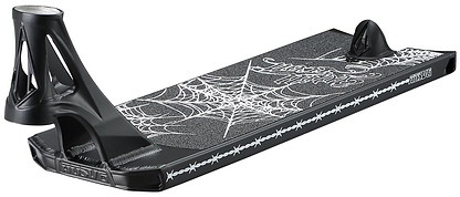 The Blunt Envy AOS V6 Will Scott Signature Stunt Scooter Deck (6.5" x 23") in black features white spiderweb graphics and barbed wire patterns on the sides, shown on a white background.