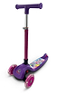 The Ozbozz Unicorn Trail Twist LED Kids Tri Scooter in purple/pink features cartoon character graphics, transparent LED wheels, and a tilt-to-steer system—perfect for children.
