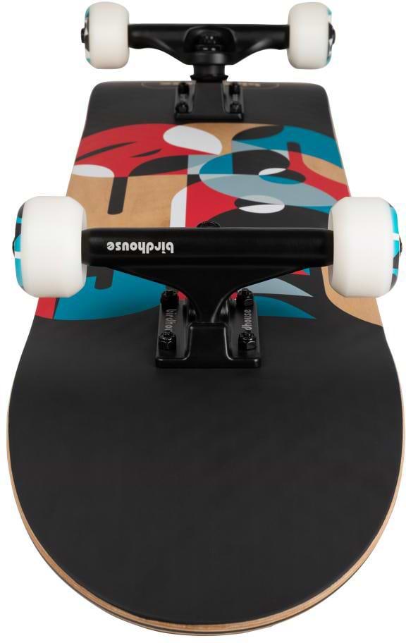 Close-up of the Birdhouse Stage 3 Overlay Logo Complete Skateboard (7.75" x 31"), featuring white wheels, black trucks, and a Canadian Maple deck with abstract, colorful geometric graphics on natural wood, facing forward.