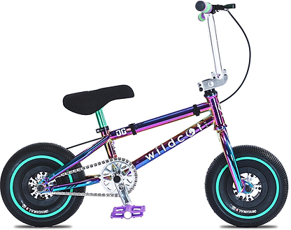 The Wildcat OG Pro Mini BMX Bike - Joker Green Neochrome by Wildcat features an iridescent purple and green frame, black seat, teal-accented black tires, silver handlebars, and bold "wildcat" branding—mini in size, pro in style.