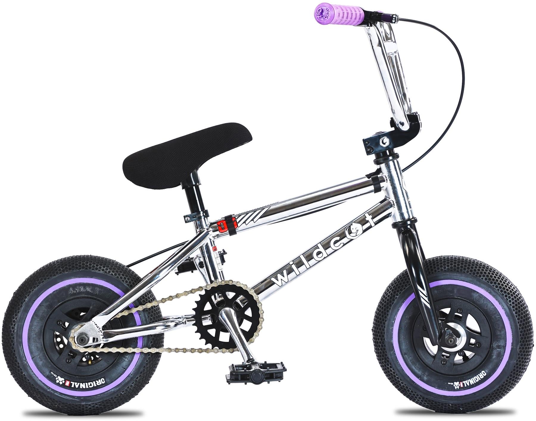 The Wildcat OG 3A Mini BMX Bike - Galaxy Purple features a small silver frame with "wildcat" in white, black seat and pedals, purple grips, purple CNC rims, and PRO Street 65PSI tyres—ideal for young riders.
