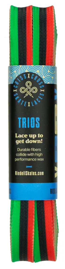 Criss Cross X Derby Laces Quad Roller Skate Laces in black, green, and red feature durable fibers and high-performance wax. "Lace up to get down!" with these wax-infused skate laces from Criss Cross.