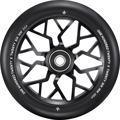 The Blunt Envy Sector 120mm Stunt Scooter Wheel in black features a geometric spoke-like center design and white rim text: "ONE HUNDRED TWENTY X TWENTY SIX MM 86A.