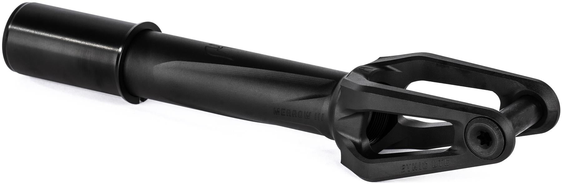 The Ethic DTC Merrow V3 8/12STD HIC Stunt Scooter Fork in black features a cylindrical tube and forked end, designed for connecting the scooter wheel and handlebar. Brand: Ethic.
