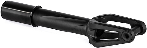 The Ethic DTC Merrow V3 8/12STD HIC Stunt Scooter Fork in black features a cylindrical tube and forked end, designed for connecting the scooter wheel and handlebar. Brand: Ethic.