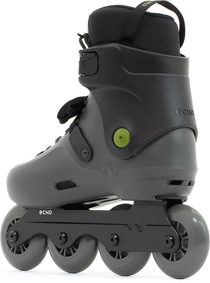 The Echo Sonar 4 Wheel Inline Freeskates - Black by Echo feature a hard plastic shell, padded ankle cuff, top strap, and green circular ankle detail—ideal for city skating and inline freeskate enthusiasts.