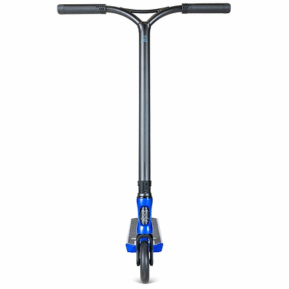 The Madd Gear (MGP) VX Origin III 450 Complete Stunt Scooter, in steel blue, is ideal for park riders. It boasts a T-bar handle and a strong deck for stunts, while its single front wheel enhances the sleek design.