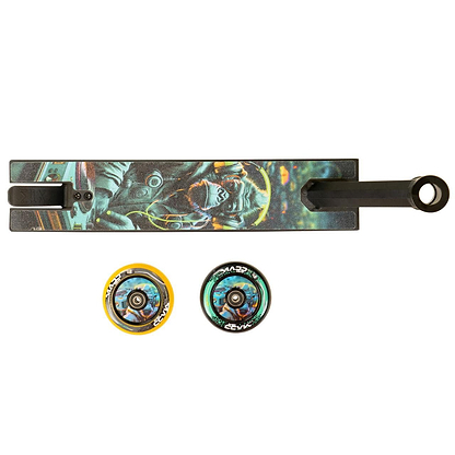 The Madd Gear MG 2 Obsidian Complete Stunt Scooter - DJ Rilla features a vibrant astronaut graphic and includes two decorative scooter wheels—one yellow, one black—with High-Speed ABEC-5 Chrome bearings.