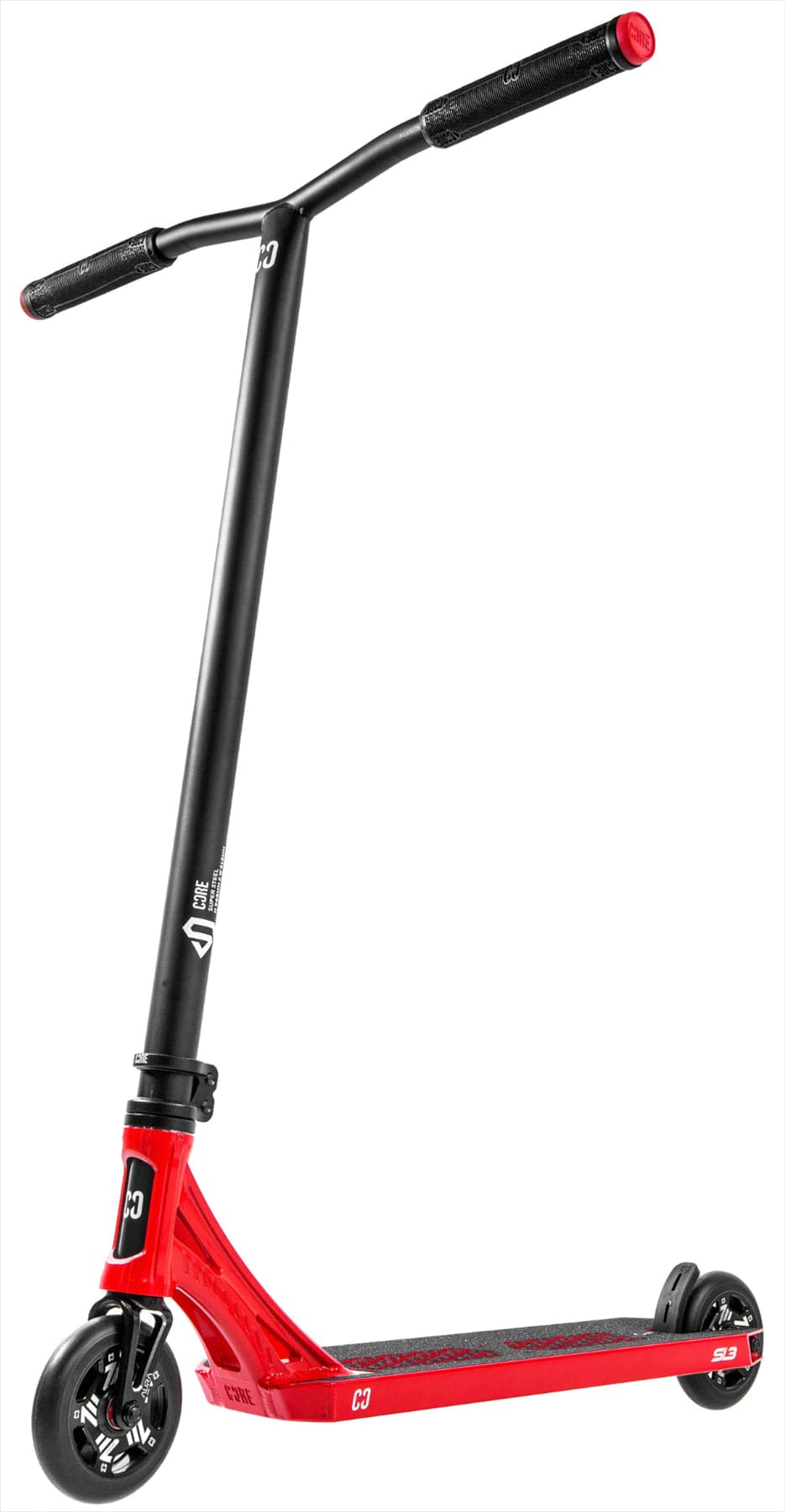 The CORE SL3 Complete Stunt Scooter by CORE, in red and black, features a wide handlebar with black grips, two small wheels, and a textured standing deck. This lightweight pro scooter is displayed upright on a white background.