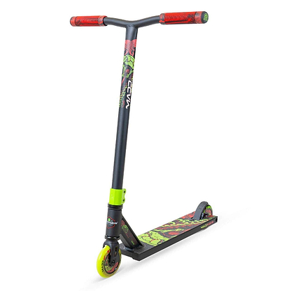 The Madd Gear (MGP) MG 2 Obsidian Complete Stunt Scooter - Venom features red grips, black handlebars, a green and black graffiti-style deck, yellow and black wheels, and high-speed ABEC-5 chrome bearings for smooth rides.