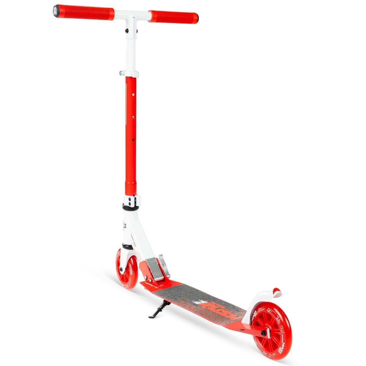 The Madd Gear Metro Rush 125 Kids Foldable Scooter in white/red features a T-bar adjustable handle, two red wheels, and a black deck grip from Madd Gear (MGP), shown upright on its kickstand.