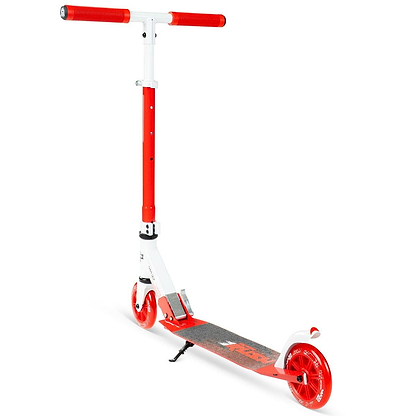 The Madd Gear Metro Rush 125 Kids Foldable Scooter in white/red features a T-bar adjustable handle, two red wheels, and a black deck grip from Madd Gear (MGP), shown upright on its kickstand.