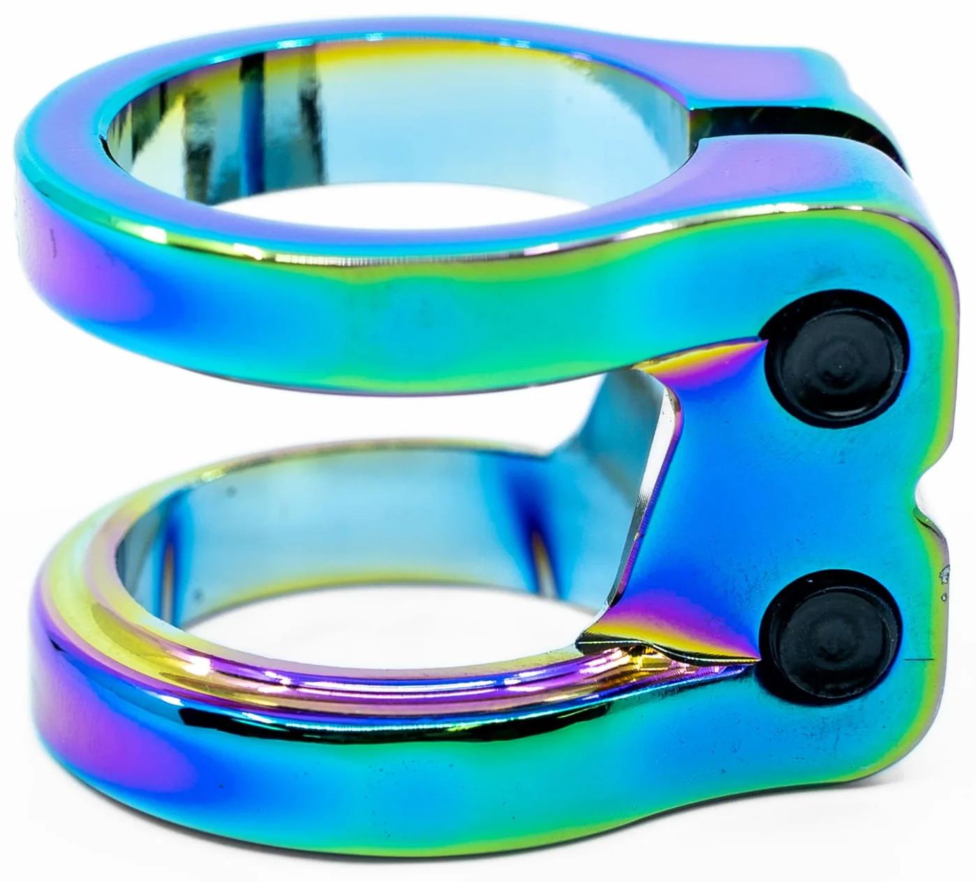 Close-up of the CORE Venom 2 Bolt Oversized Stunt Scooter Clamp in neochrome by CORE, featuring a metallic, iridescent finish and two tightening bolts—perfect as a lightweight clamp upgrade.