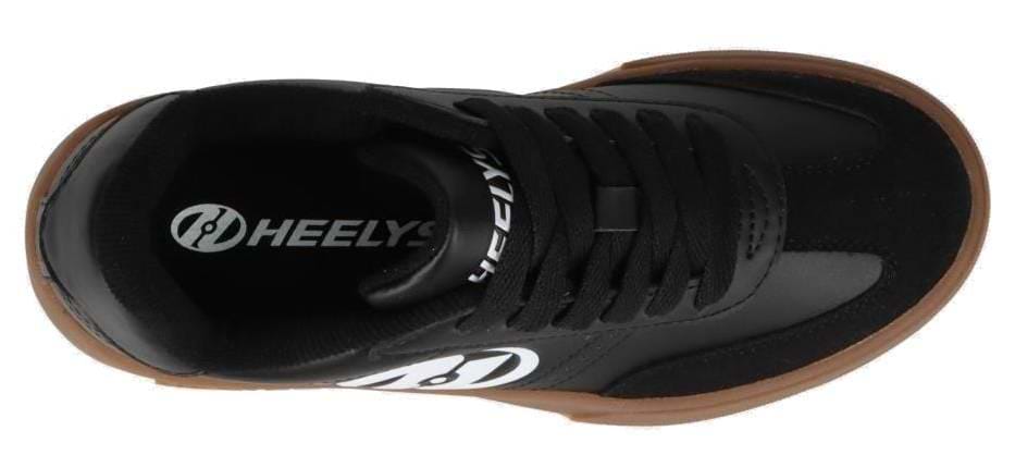 Top view of Heelys Goleeh Boys Shoes in black/white/gum by Heelys, featuring a low-top court style, brown gum sole, black laces, and white Heelys logos—classic rolling shoes for active kids.