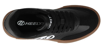 Top view of Heelys Goleeh Boys Shoes in black/white/gum by Heelys, featuring a low-top court style, brown gum sole, black laces, and white Heelys logos—classic rolling shoes for active kids.