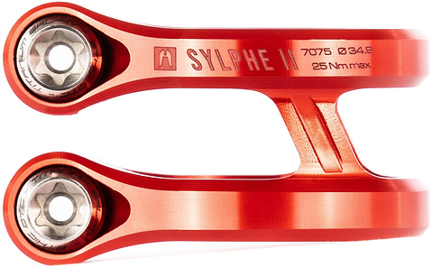 Close-up of the Ethic DTC Sylphe V2 2 Bolt Oversized Stunt Scooter Clamp in red by Ethic, featuring detailed engravings, a machined metal finish, and two titanium bolts.