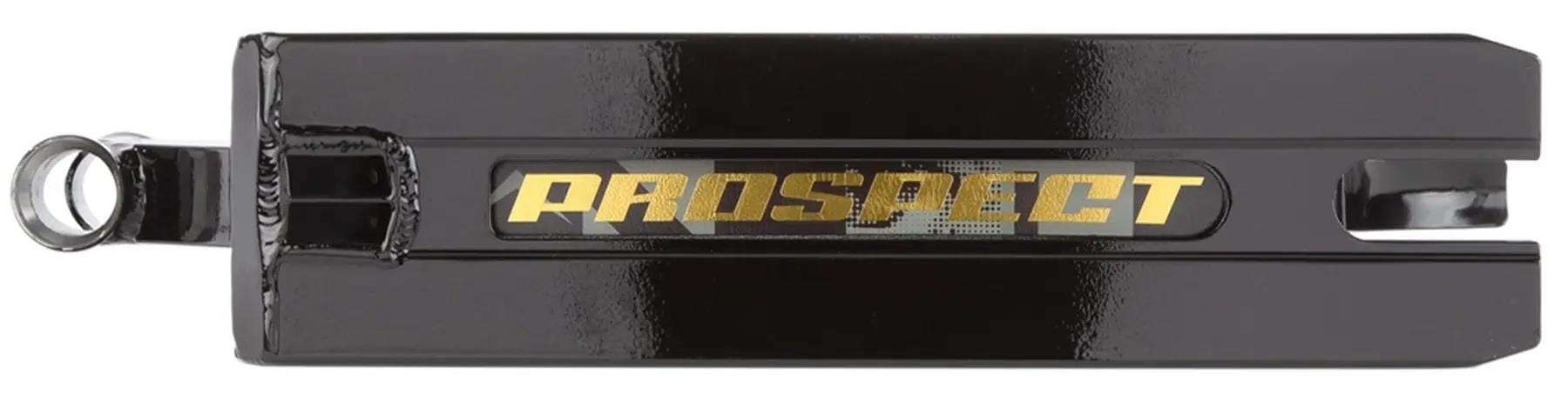 Close-up of the Lucky Prospect 2025 Black Shift Stunt Scooter Deck (5" x 19.5") by Lucky, crafted from durable Aluminum 6000 Series with "PROSPECT" in gold lettering and a rectangular cutout—perfect for advanced riders seeking top performance.