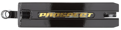 Close-up of the Lucky Prospect 2025 Black Shift Stunt Scooter Deck (5" x 19.5") by Lucky, crafted from durable Aluminum 6000 Series with "PROSPECT" in gold lettering and a rectangular cutout—perfect for advanced riders seeking top performance.