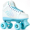 The Rio Roller Lumina Quad Roller Skates by Rio Roller feature a sturdy white PVC leather boot, light blue laces, wheels and sole, retro nylon trucks, and "Rio Roller" branding on the side's blue design.