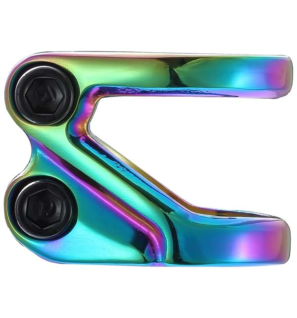 The Blunt Envy Z 2 Bolt Oversized Stunt Scooter Clamp in Oil Slick Neochrome features a metallic, rainbow-colored surface with two prominent black screws on one side. Its glossy, iridescent finish reveals a gradient of blue, purple, green, and gold hues, making it an ideal choice for stylishly securing scooter bars.