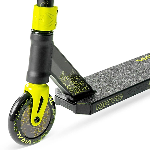The Madd Gear Viral Rave Complete Stunt Scooter - Neon is perfect for kids who love to ride in style, featuring a vibrant yellow wheel from the trusted Madd Gear (MGP) brand.
